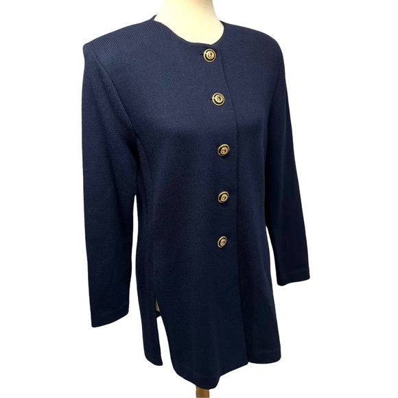 St. John Collection Navy Santana Knit Longline Button Front Jacket - Picture 7 of 10